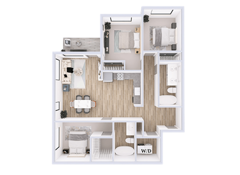 Floor plan for 3 beds, 2 baths, 1259 sqft